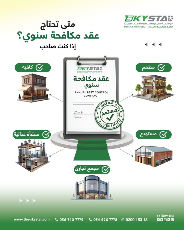 عقد مكافحة حشرات سنوي للمنشآت والمجمعات السكنية والفلل